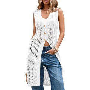 Women's White Summer Crochet Sleeveless Knit Cardigan